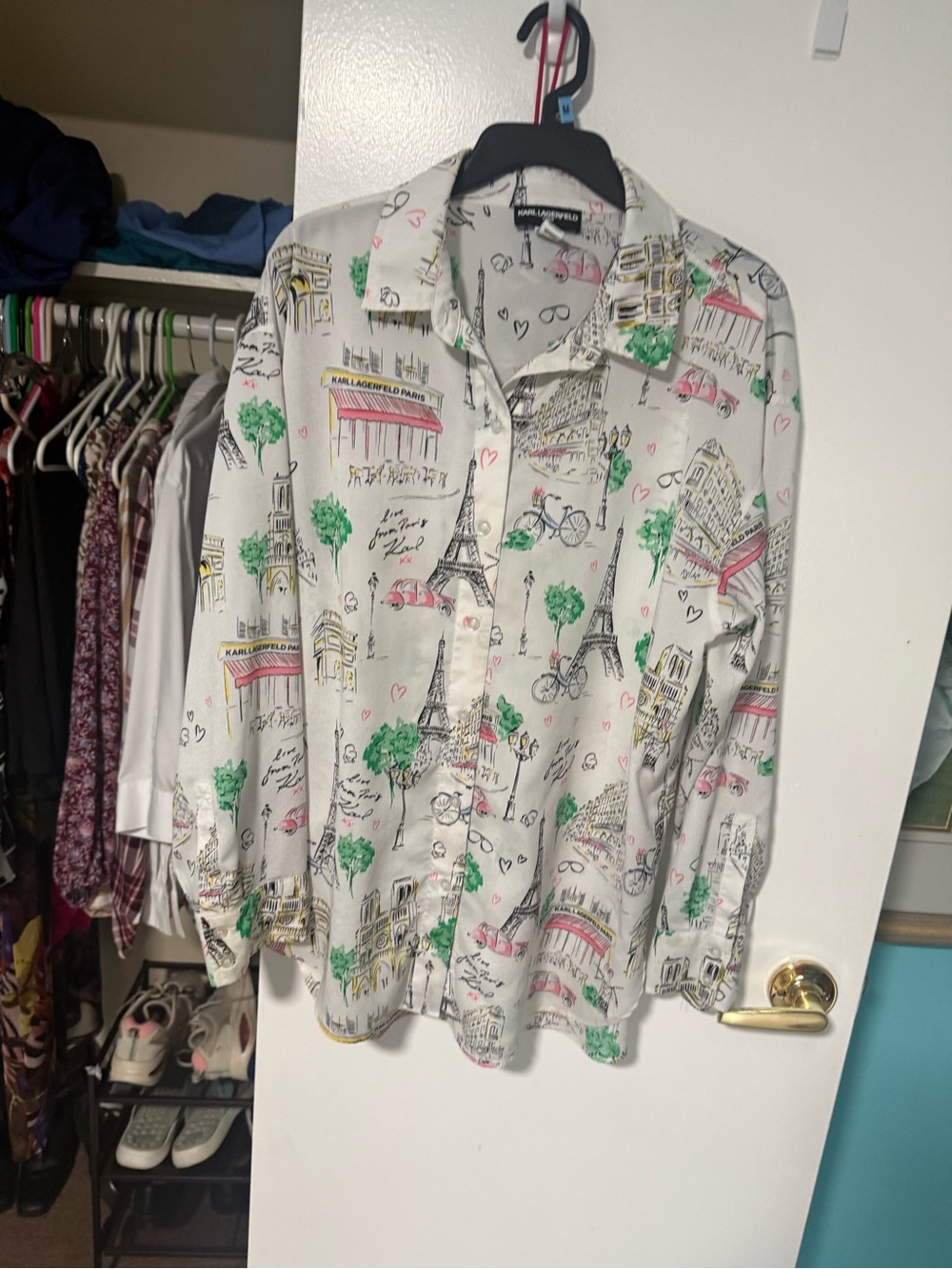 Karl Lagerfeld White Paris-Print Blouse with Green and Pink Accents